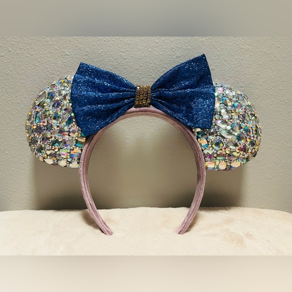 Disney Ears Rhinestones Blue Bow Handmade - Picture 2 of 5